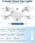 E26 Socket Fan With Light And Remote, Super Easy Screw In Ceiling Fan For Home Or Workshop, Total No Wire Setup, features 5 fan heads.