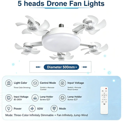 E26 Socket Fan With Light And Remote, Super Easy Screw In Ceiling Fan For Home Or Workshop, Total No Wire Setup, features 5 fan heads.