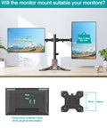 Dual Monitor Stand For 13 To 27 Inch Screens, Free Standing Full Motion Desk Mount With Boss Level Adjustability, shown with two screens