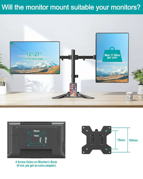 Dual Monitor Stand For 13 To 27 Inch Screens, Free Standing Full Motion Desk Mount With Boss Level Adjustability, shown with two screens