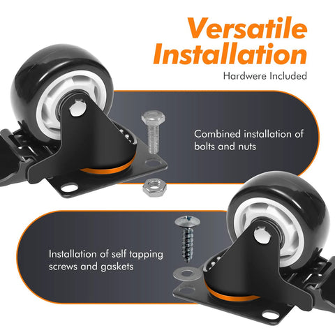 Heavy Duty 3-Inch Locking Swivel Casters With Brakes, Ball Bearing Mount, showing installation options with bolts and screws.