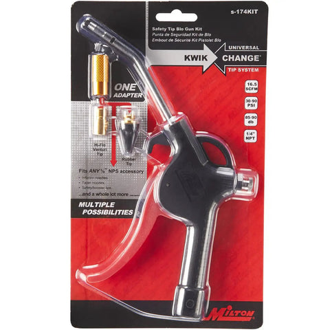 Packaging of Pistol Grip Blow Gun Kit With Safety Tip Nozzle And Kwik-Change Universal Tip System 90 Max PSI Four Piece Set