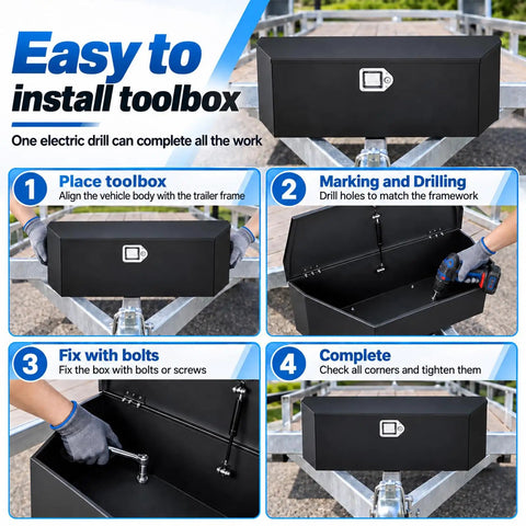 Image showing installation steps for Beefy Heavy Duty Steel Trailer Tongue Box For Pickup And RV Featuring Cold Rolled A Frame Storage Setup.