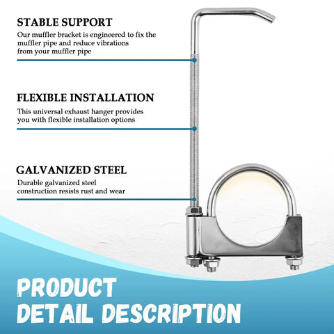 Heavy Duty 2.5 Inch Exhaust Hangers With 360 Degree Adjustable Muffler Hanger Clamp showing installation features and materials