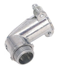 The Real Deal 1/2 Flexible Metal Conduit 90 Degree Squeeze Elbow Connector Die Cast Zinc Alloy, tool-free installation, side view.