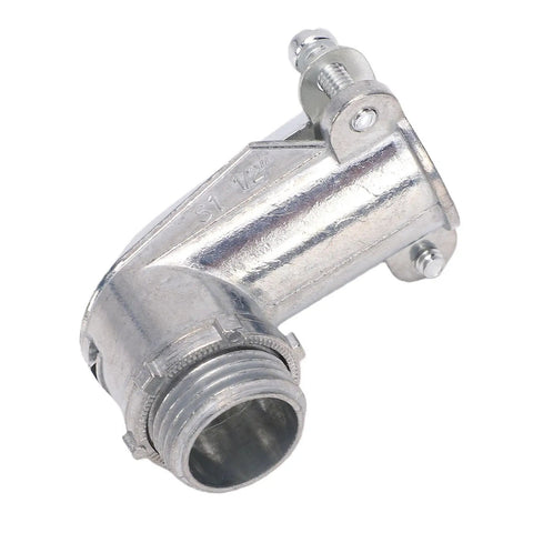 The Real Deal 1/2 Flexible Metal Conduit 90 Degree Squeeze Elbow Connector Die Cast Zinc Alloy, tool-free installation, side view.