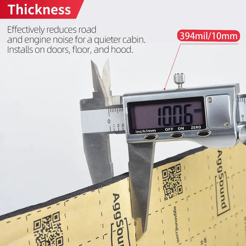 Pro Grade Auto Sound Deadening Mat With 3 Layer Thermal Foil Foam Insulation shown in 10mm thickness measurement for installation.