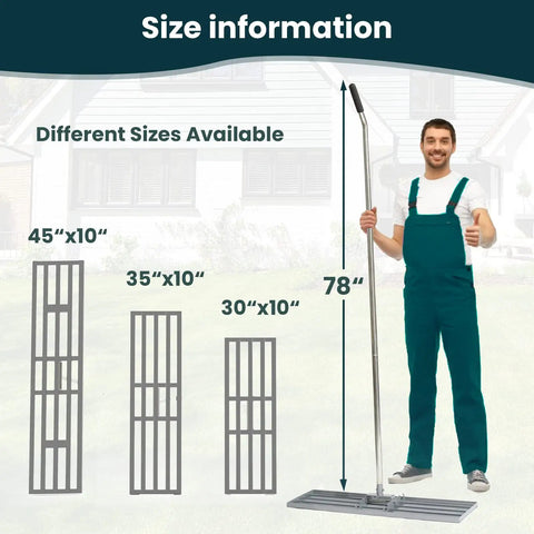 Person holding Lawn Leveling Rake 30x10 Inch, Professional Grade Leveler Tool with Stainless Steel Handle, showing size comparison