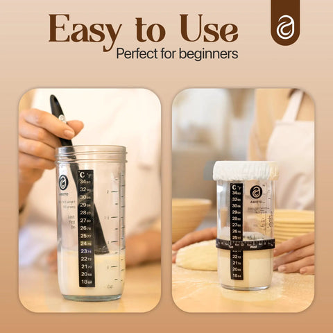 Close-up of 34 Oz Sourdough Starter Jar Kit With Metal Lid Silicone Spatula Feeding Tracker Extra Thermometer Strips And Breathable Covers