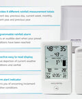 Self Emptying Rain Gauge With Wireless Indoor Display And Outdoor Temperature And Humidity Sensor For Backyard Weather Nerds, Long Range Connectivity From Outdoor Sensor To Indoor Display Up To 100 Meters, showing display and sensors.