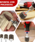 Close-up of 60 Piece Sandpaper Flap Wheel Kit With 80 Grit Flap Wheels And Quarter Inch Shank for drill use on metal and wood surfaces.