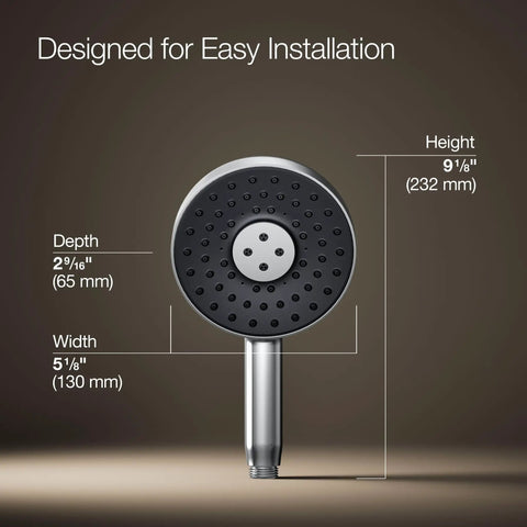 Statement Round Three Function Handshower With Soak And Restore 2.5 GPM Polished Chrome dimensions shown on brown background