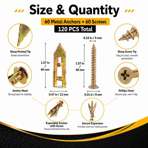 120 Piece Self Drilling Drywall Anchors And Screws Kit With 60 Heavy Duty Steel Anchors And 60 Screws diagram