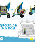All Terrain Beach Wagon With Oversized Sand Wheels Collapsible Cart With Cooler Bag And Umbrella Holder folded for easy storage in a car trunk.