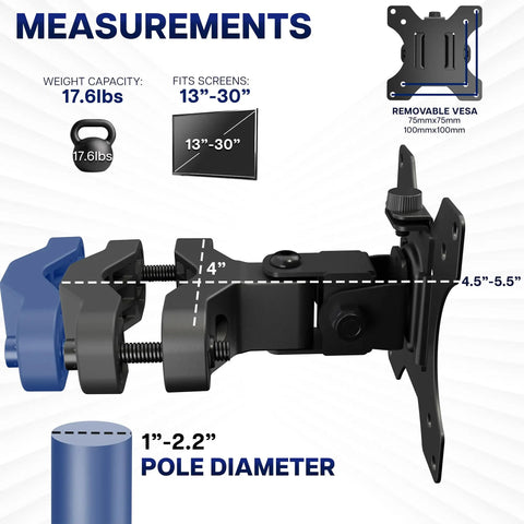 Tough As Nails Steel Monitor Pole Mount With Quick Release Vesa Plates For Up To 30 Inch Displays showing dimensions and specifications for installation.