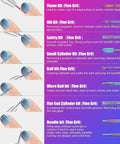 30-piece nail drill bits set for acrylic/gel nails; includes carbide, ceramic, diamond bits; blue glitter manicure.