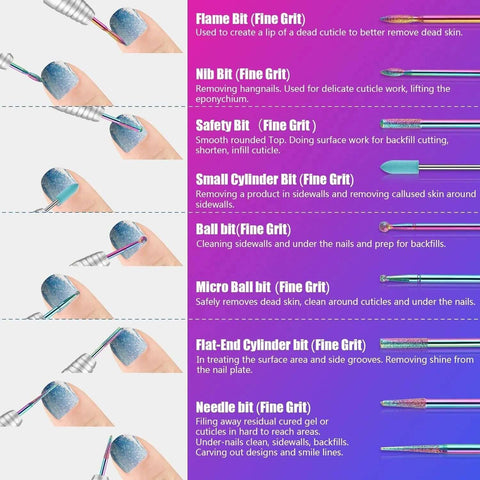 30-piece nail drill bits set for acrylic/gel nails; includes carbide, ceramic, diamond bits; blue glitter manicure.