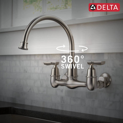 Corin Wall Mount Kitchen Faucet With Brushed Nickel Finish High Arc Gooseneck 360 Degree Swivel Single Handle