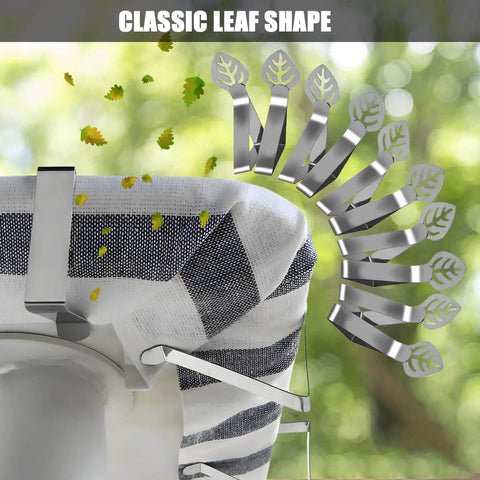 Leaf Shaped Table Cloth Holder Clips 10 Pack Gotta Have Heavy Duty Stainless Steel Outdoor Clip Set For Windy Picnics And Parties Keeps Tablecloth In Place At Weddings Camping RVs And Restaurants, showing secure table grip with leaf design.