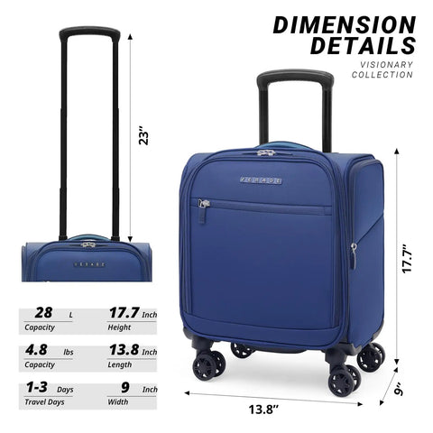 Underseat Luggage With Wheels Softside Carry On Spinner Bag Fourteen Point Five Inch Navy 28L Lightweight And Durable