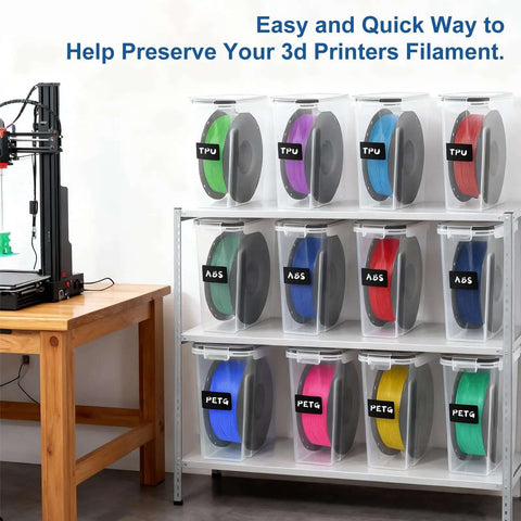 Pro Grade Airtight Filament Dry Box Set 6 Pack 4.0L Storage Bins With Desiccant Bags And Labels in use with filament spools