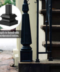 Set Of 40 Iron Baluster Shoes With Flat And Slant Options For 45 Degree Stairs Includes Screws Fits Half Inch Square Balusters Ideal For Indoor Outdoor Railings Rust Resistant Black Finish Durable And Easy To Install; close-up of baluster on stairs