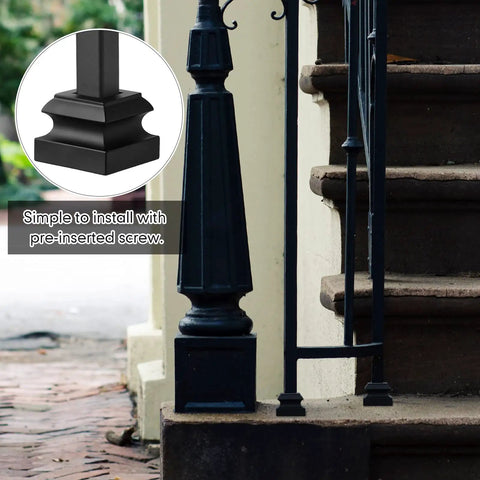 Set Of 40 Iron Baluster Shoes With Flat And Slant Options For 45 Degree Stairs Includes Screws Fits Half Inch Square Balusters Ideal For Indoor Outdoor Railings Rust Resistant Black Finish Durable And Easy To Install; close-up of baluster on stairs