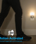 Motion Sensor Night Light Plug In 40 Lumens Soft White LED Nightlight UL Certified Energy Efficient No Fuss Auto On When Motion Detected Ideal Nightlight for Bedroom Bathroom Kitchen Hallway 2 Pack Silver Model 46633 in use as a person walks by.
