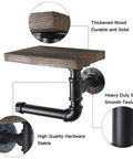 Industrial Dope Pipe Toilet Paper Holder With Wooden Shelf Rustic Wall Mount Roll Holder For Bathroom And Washroom Sturdy Metal Pipe Design With Storage Shelf Modern Farmhouse Decor close-up view showing thick wood shelf and metal pipe frame.