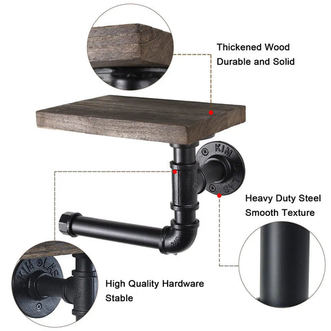 Industrial Dope Pipe Toilet Paper Holder With Wooden Shelf Rustic Wall Mount Roll Holder For Bathroom And Washroom Sturdy Metal Pipe Design With Storage Shelf Modern Farmhouse Decor close-up view showing thick wood shelf and metal pipe frame.
