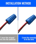 Two blue waterproof outdoor electrical wire connector caps with red and black wires; front and side views.