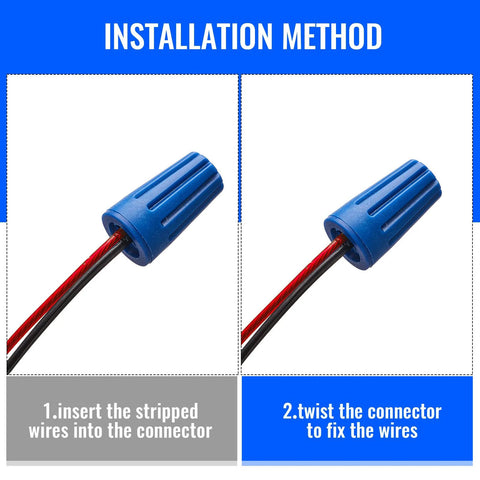 Two blue waterproof outdoor electrical wire connector caps with red and black wires; front and side views.