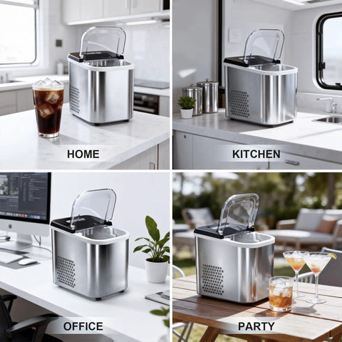 Keep The Party Chill With This Countertop Ice Maker Delivering Up To 38 Lbs Per Day, 9 Ice Cubes In 3.5 Minutes, shown in various settings