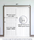 Diagram of 96-Inch Bypass Sliding Door Hardware Kit showing 8ft track and door panel measurements for cabinets and closets.