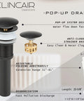 Vessel Sink Set With Tempered Glass Round 16.5 Inch Above Counter Basin Clear Finish Modern Hand Painted Pattern With Dope Sleek Matte Black Waterfall Faucet Pop Up Drain Included Premium Deco Glass Design showing pop-up drain system components.