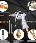 Diagram of a heavy duty air blow gun with brass adjustable flow nozzle and two steel flow extensions for dust cleanup 2 pack.