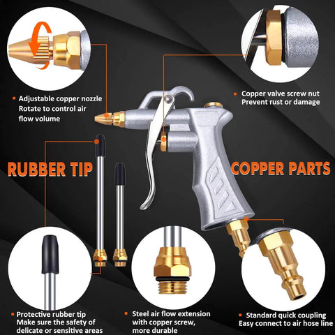 Diagram of a heavy duty air blow gun with brass adjustable flow nozzle and two steel flow extensions for dust cleanup 2 pack.
