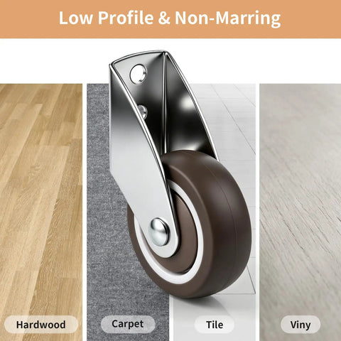 Chegulu 2" Rigid Plate Casters, Silent Rubber Furniture Wheels, Set of 4 on hardwood, carpet, and tile surfaces.