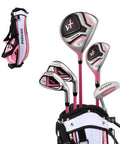 Kid Friendly Junior Golf Set For Ages 9 To 12 With Driver Irons Putter Bag Pink, clubs in stand bag with pink accents