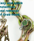 Close-up of Heavy Duty Tow Chain Tie Down 3/8 Inch by 10 Foot G70 Binder Chain hooks with easy installation.