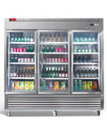 Heavy Duty Commercial Reach In Fridge With Three Tempered Glass Doors Solid Stainless Steel Kitchen Workhorse Real Deal Cold Display Cooler Designed For Busy Bars And Convenience Stores 82 Inches Wide view showcasing beverages across three glass doors.