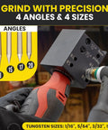 Pro Grade Tungsten Grinder V4 Rotary Tool For TIG Welding All In One Sharpener showing angles and sizes on grinding block