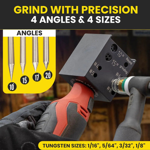 Pro Grade Tungsten Grinder V4 Rotary Tool For TIG Welding All In One Sharpener showing angles and sizes on grinding block
