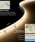 Ultra Bright 24ft COB LED Strip Light With 3780 LEDs, Natural White 4000K, flexible cutting and adhesive details shown