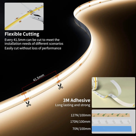 Ultra Bright 24ft COB LED Strip Light With 3780 LEDs, Natural White 4000K, flexible cutting and adhesive details shown
