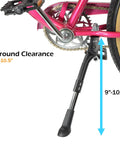 Center Mount Kid Bike Kickstand Fits 18, 20, And 22 Inch Bikes Easy To Install Sturdy Stand For Mountain Road BMX Cruiser Kids Bikes Keeps The Ride Standing Upright All Day showing adjustable black kickstand against pink bicycle frame