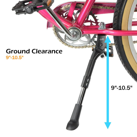 Center Mount Kid Bike Kickstand Fits 18, 20, And 22 Inch Bikes Easy To Install Sturdy Stand For Mountain Road BMX Cruiser Kids Bikes Keeps The Ride Standing Upright All Day showing adjustable black kickstand against pink bicycle frame