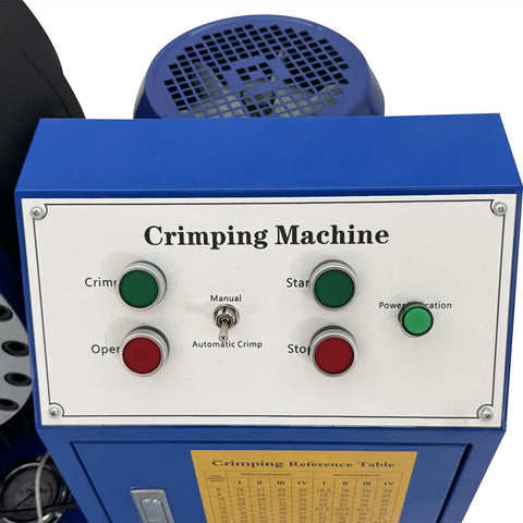 Techtongda Electric Hydraulic Hose Crimping Machine control panel, featuring buttons for crimping modes and settings.