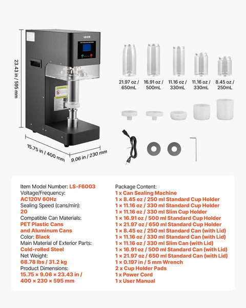 Commercial Auto Can Sealer Machine With One Touch Operation Works Like A Charm To Secure Aluminum Cans Airtight Lock In clear view with various can sizes.