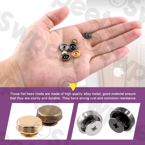 Premium Bronze Screw Back Rivets Stud Set With 32 Round Caps To Deck Out Handbags Belts And Totes Killer Leather Crafting Supplies in hand.